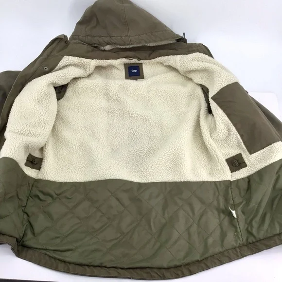 GAP Military Utility Green Quilted Sherpa Lined Jacket with Hood Size Small